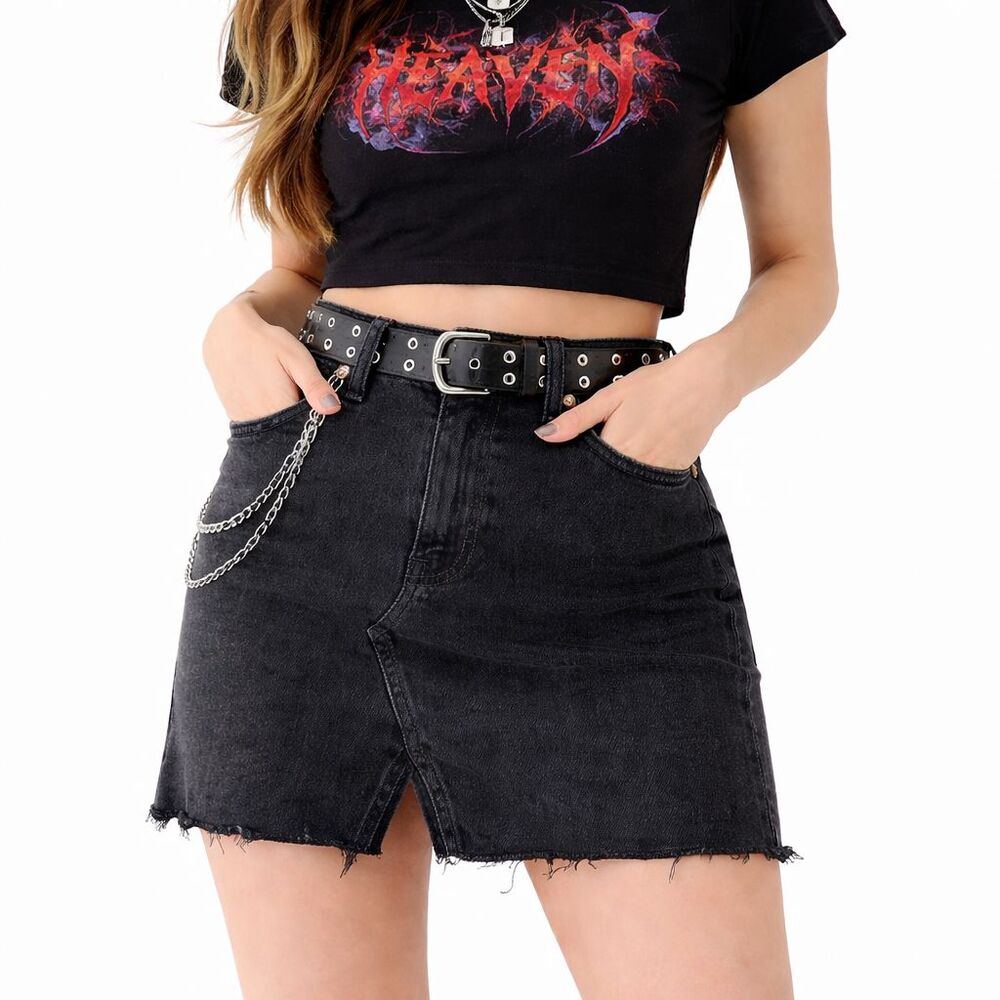 Madewell Women’s Black Denim A-Line Mini Skirt Distressed Raw Hem Emo Size 24
